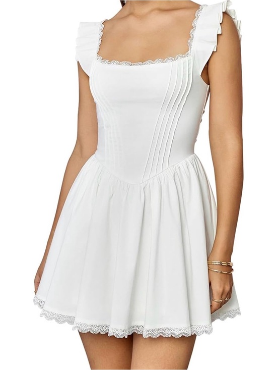 GLNEGE Dresses & Skirts - White Ruffled Strap Mini Dress with Lace Trim